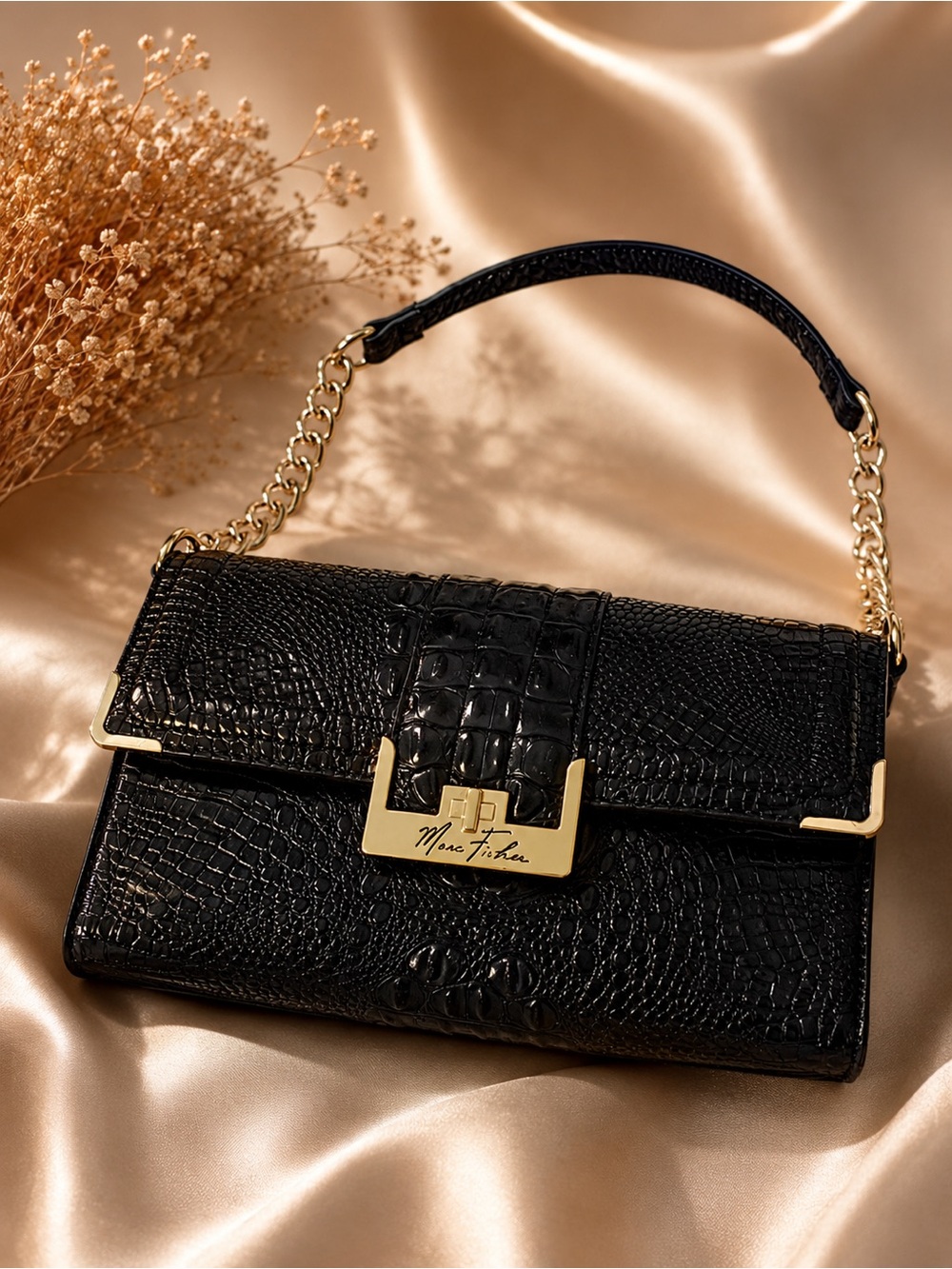 Marc Fisher Black Croc Embossed Shoulder Bag Chain Evening Clutch Purse